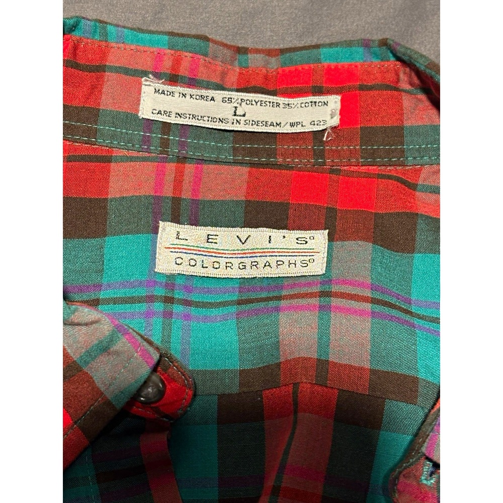 Vintage Levis Colorgraphs Mens L Plaid Button Up Long Sleeve Shirt Red Green